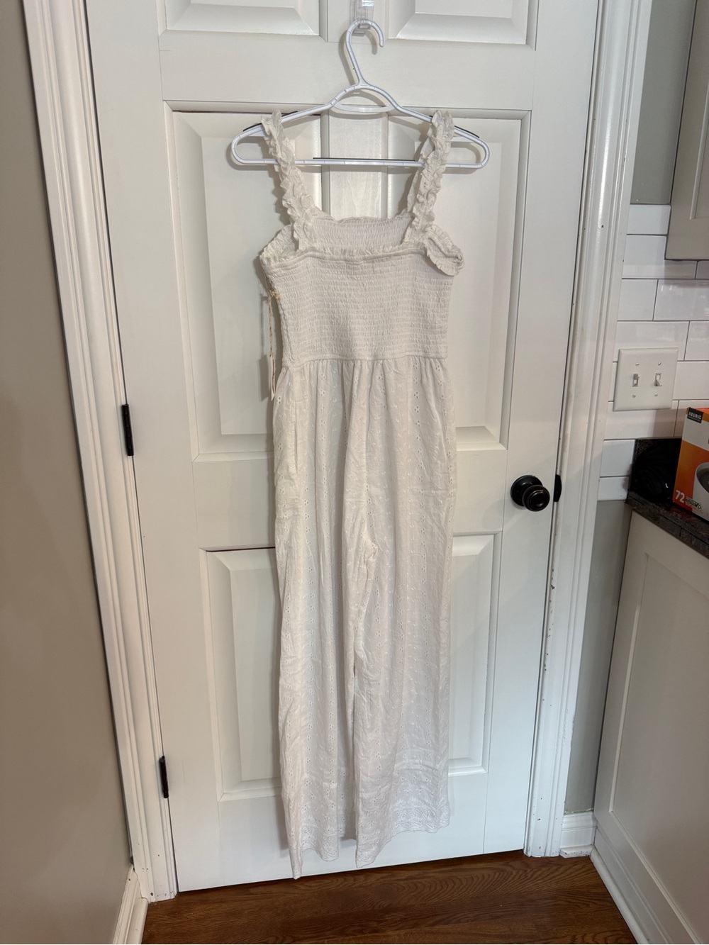 Jessica Simpson White Eyelet Smocked Strap Wide-Leg Jumpsuit - Picture 7 of 9